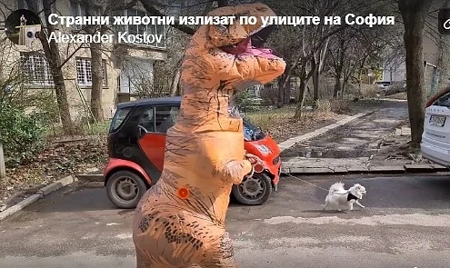 Софиянец с костюм на динозавър разходи кученцето си в Борисовата градина 
