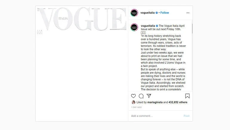 Vogue Italia излезе за прав път с чисто бяла корица