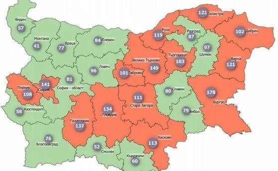 Половин България е в оранжево, най-висока е заболеваемостта в Бургас