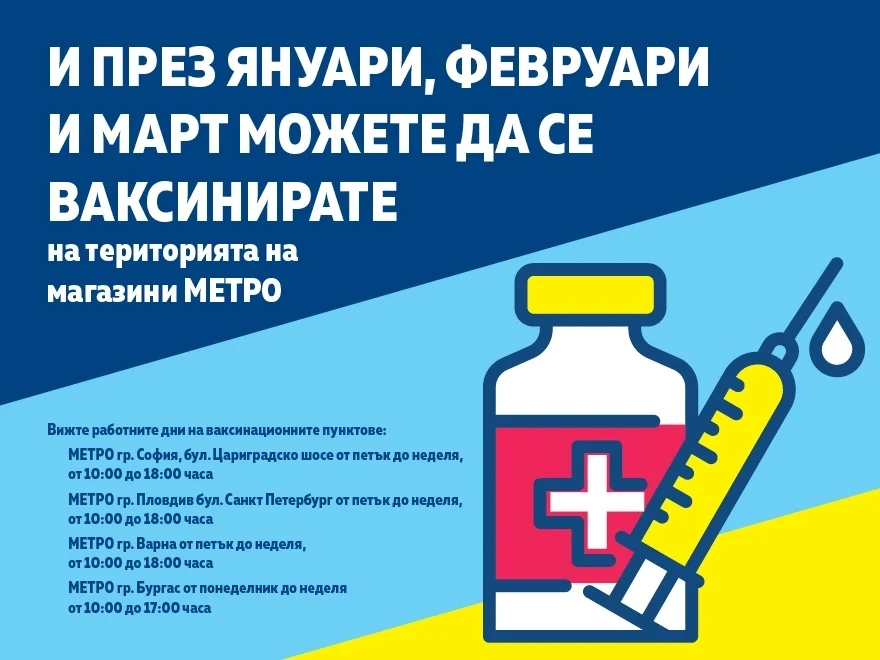 Дейността на ваксинационните пунктове на територията на магазини МЕТРО в четири града се удължава до 31 март 2022 година